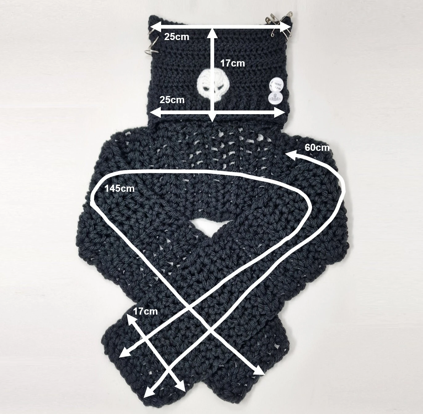 Handmade Crochet Cat Hat, Cat Ear Beanie, Cat Hat In Black With White Skull And Scarf, Balaclava 8 Handmade Crochet Cat Hat, Cat Ear Beanie, Cat Hat In Black With White Skull And Scarf, Balaclava - Image 8