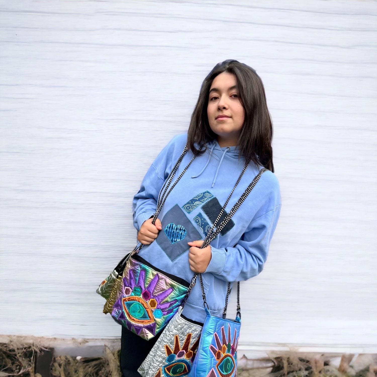 Rainbow Quilted Fabric And An Eye Design Appliqué Bucket Bag With Colorful Quilting And Inner Pocket With Shoulder Metal Strap. 6 Rainbow Quilted Fabric And An Eye Design Appliqué Bucket Bag With Colorful Quilting And Inner Pocket With Shoulder Metal Strap. - Image 6