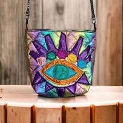Rainbow Quilted Fabric And An Eye Design Appliqué Bucket Bag With Colorful Quilting And Inner Pocket With Shoulder Metal Strap.