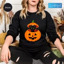 Halloween Cat Sweatshirt, Pumpkin Cat Halloween Long Sleeve Shirt,Black Cat Halloween, Black Cat Gift, Cat Pumpkin, Black Cat In Pumpkin -Fashion Clothing Store il fullxfull.5234260029 km5s